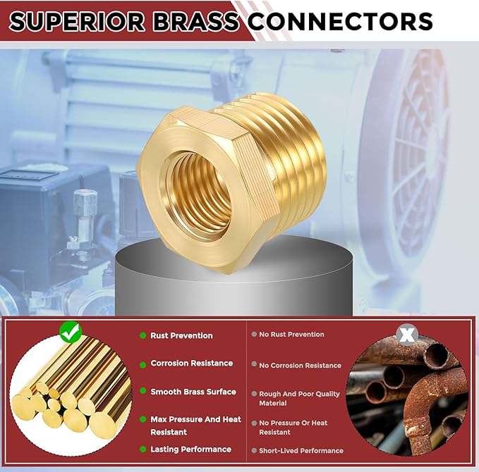 Pack of 5, 1/2" Male NPT to 1/4" FeMale NPT Solid Brass Hex Bushing, Hose Fittings Adapter Threaded Reducer Heavy Duty for Pipe Leak Repair, Bathroom Remodel, Compression