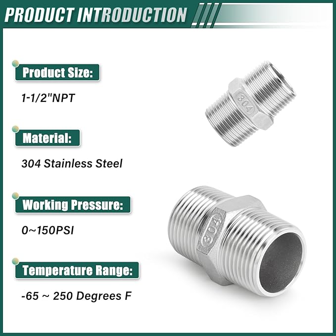 2PCS 304 Stainless Steel Hex Nipple, 1-1/2" Male NPT Straight Head Pipe Adapter Fittings, Equal Nipples Connectors for Oil, Water Line, Gas