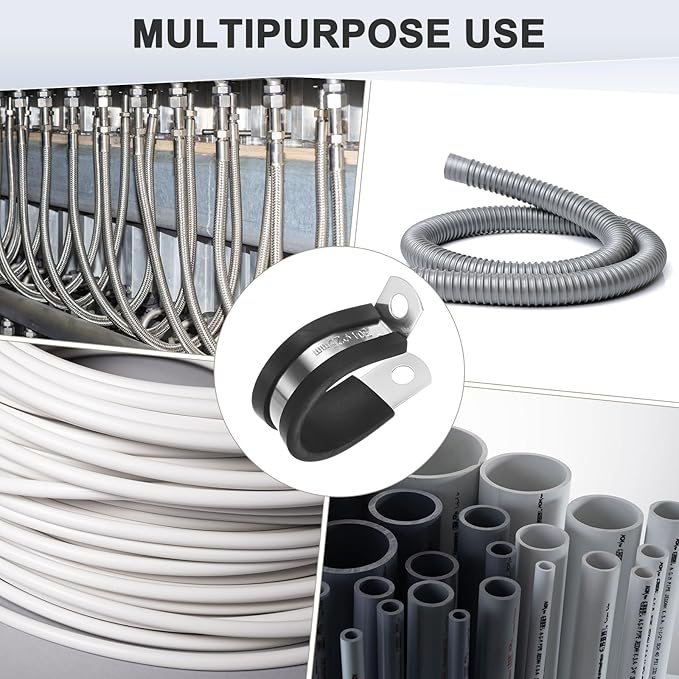 25-Pack Cable Clamps, 1 inch/ 25 mm 304 Stainless Steel Rubber Cushioned Insulated Cable Clamp R Shape Metal Holder for Tube/Wire/Pipe/Loop Installation