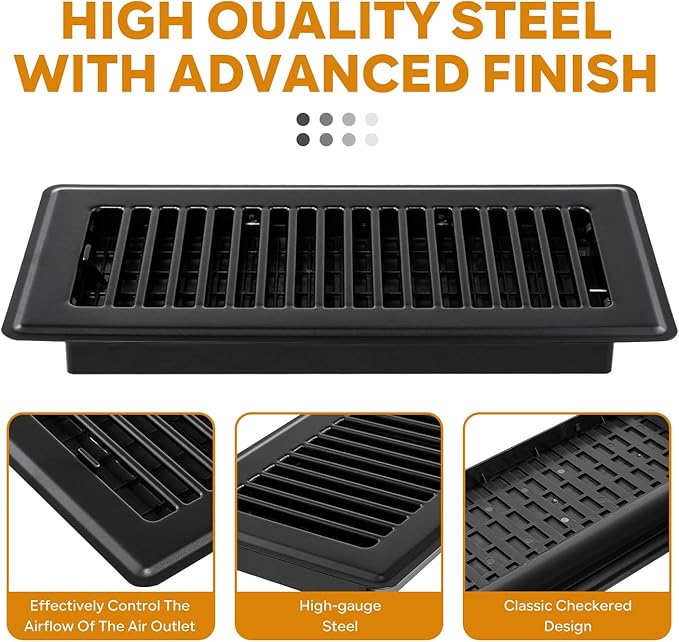 4x10 Floor Register, 2 Pack Heavy Duty Steel Walkable Floor Vent Covers, Easy Adjust Air Supply Lever, Vent Covers for Home Floor, Black