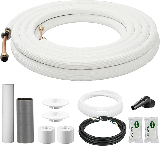 DELLA 10 Ft Mini Split Line Set, Includes 1/4" & 5/8" O.D. Copper Pipes with Flared Nuts and a 3/8" Thick White PE Insulated Coil, Perfect for Mini Split AC and Other HVAC Systems