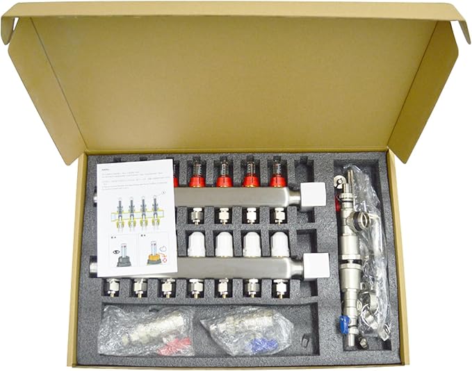 7 Branch PEX Radiant Floor Heating Manifold Set Floor Heating Water Distributor 1/2" Pipe Adapter 307 Stainless Steel and Brass, for Heating Systems