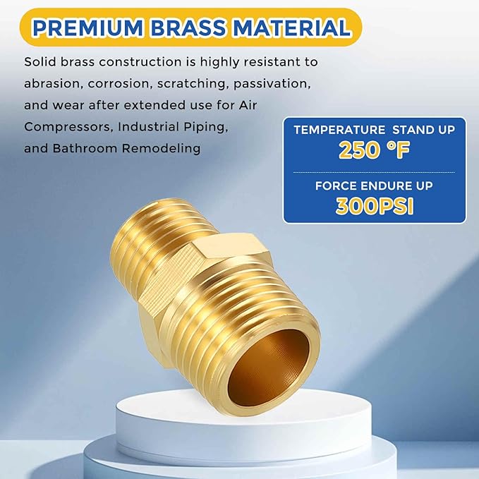 3 Pack Brass Pipe Fittings, 3/8" NPT Male to 1/4" NPT Male Brass Hex Nipple, Male Pipe Adapter Reducer for Air, Oil, LP
