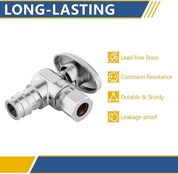 Angle Stop Valve,1/2 Inch Pex Expansion X 3/8 Inch OD Compression Angle Shut-off Valve with 1/4 Turn on/off (Pack of 5,ASTM F1960)(VALVE094-5Pack)