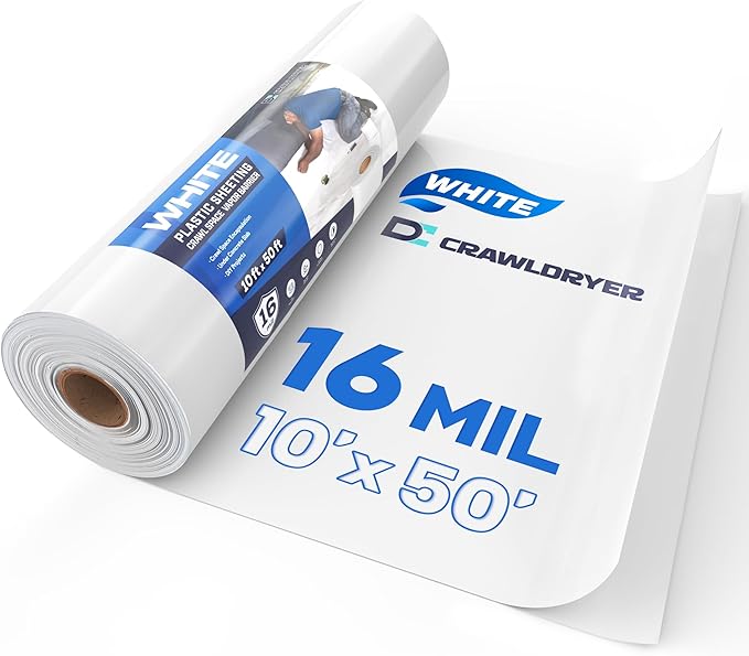White Crawl Space Vapor Barrier, 16 Mil Vapor Barrier, 10' x 50', White Thick Plastic Sheeting, Heavy Duty Polyethylene Film, White Plastic Drop Cloth Covering for Crawlspace, Basement