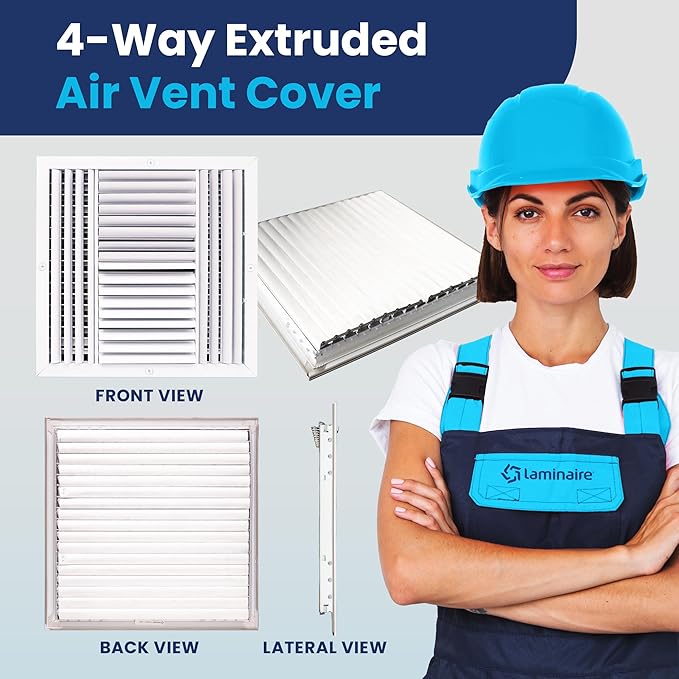 18x18 Inch (Duct Opening) Aluminum 4-Way Air Flow Vent – HVAC Vent Cover for Wall or Ceiling – Quiet HVAC Wall Register with Multi-Shutter Damper – Adjustable Curved Blade - Plastic Seal for Tight Fit