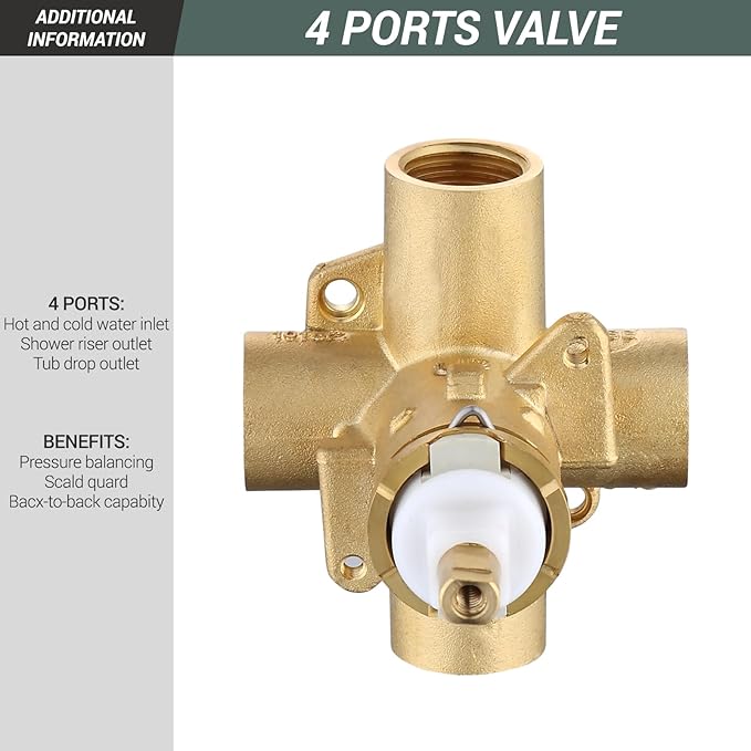 Brass 2510 Posi Temperature Pressure Balance and Shower Valve, Four-Port Recirculation Valve with Standard 1/2-Inch IPS Connection