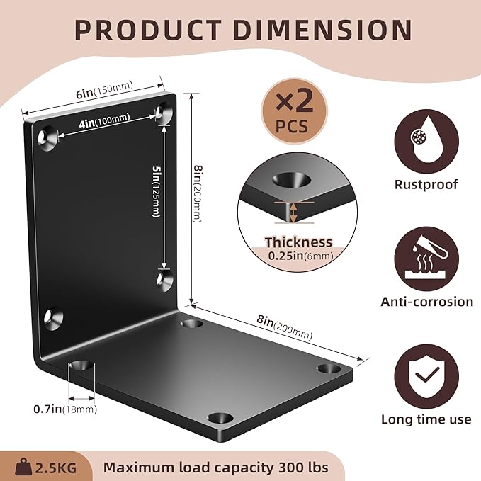 2 Pcs 8" X 8" X 6" Heavy Duty Steel L Angle Bracket for Wood, Large 90 Degree Corner Shelf Support Bracket, 8x8 Post to Beam Connector, Thickness 1/4"(6mm), Max Load 300+lbs-