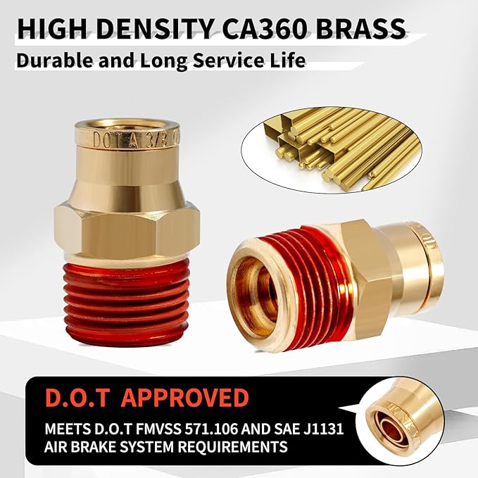 3/8 Brass Push to Connect Fittings 3/8" OD x 3/8" NPT Thread Male DOT Approved Air Brake Quick Connect Fittings Air Line Suspension Kit for Truck Trailers and Air System 2Pcs