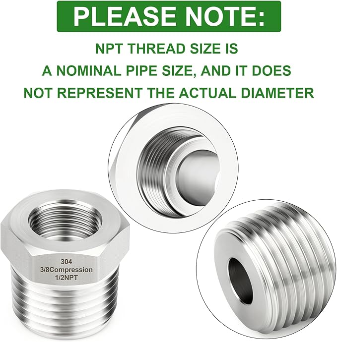 TAISHER 2PCS 304 Stainless Steel Reducer Water Hose Adapter 1/2" NPT × 3/8" Compression Pipe Fitting for kitchen bathroom faucet supply line adapter with rubber gasket