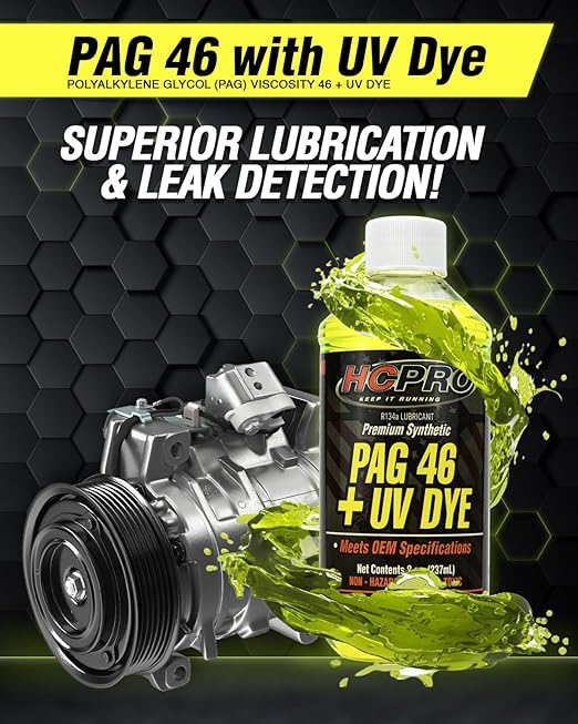 HCPRO PAG 46 UV Dye A/C Compressor Oil – High-Viscosity Leak Detection Lubricant for Auto A/C Systems, Professional-Grade PAG 46 Lubricant for Compressor Protection & System Maintenance (6)
