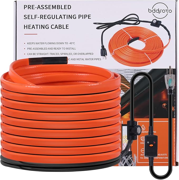 100FT Heat Tape for Water Pipes Freeze Protection IP65 Waterproof 7W/FT 110V BDDFOTO Heat Cable With GFCI Protection and Thermostat,Self-Regulating Pipe Heater for Roof/RV/Water Storage Tank