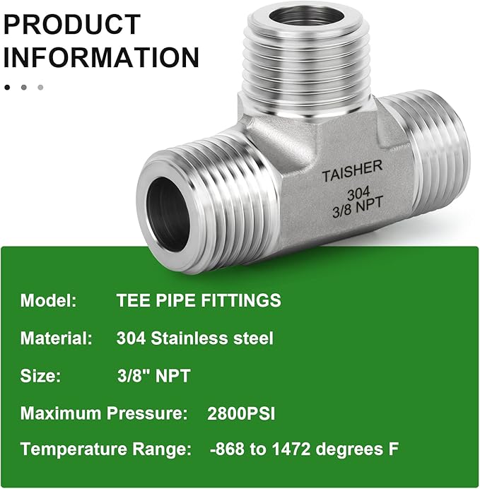TAISHER 1PCS Forging of 304 Stainless Steel Tee Pipe Fittings, 3/8" x 3/8" x 3/8" NPT Male Pipe Fittings