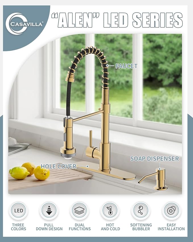 LED Kitchen Faucet, Brushed Gold Kitchen Faucet with Soap Dispenser and Deck Plate, Faucet for Camper Farmhouse RV Kitchen Sink, Single Handle Kitchen Sink Faucets with Pull Down Sprayer