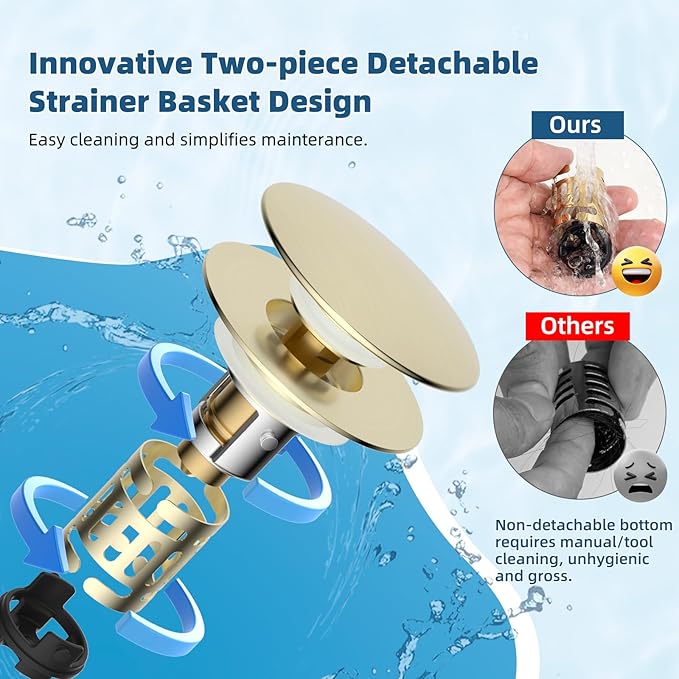 Hibbent 2 Pack Upgraded 3 in 1 Bathroom Sink Drain Strainer, Pop Up Sink Stopper with Big Cap, Anti-Clogging Metal Filter Basket,Sink Plug with Hair Catcher for 1.1''~2.36'' Basin, Brushed Gold