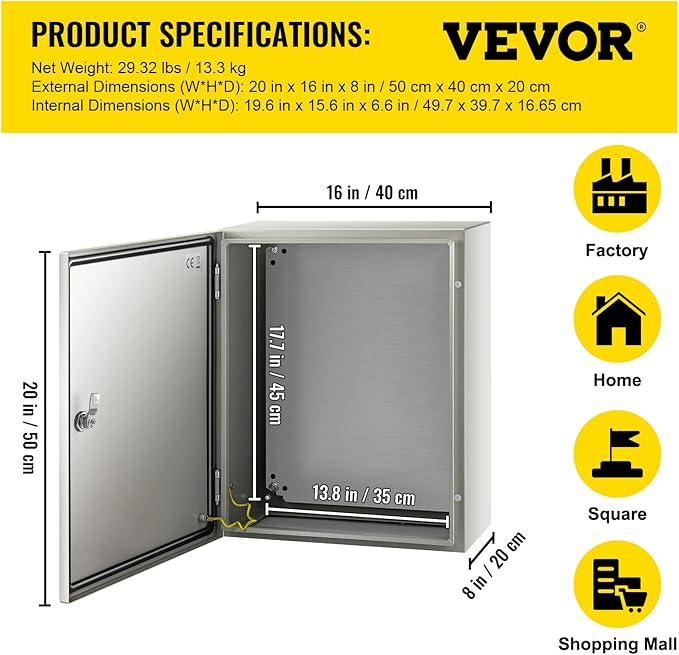 VEVOR NEMA Steel Enclosure, 20 x 16 x 8'' NEMA 4X Steel Electrical Box, IP66 Waterproof & Dustproof, Outdoor/Indoor Electrical Junction Box, with Mounting Plate