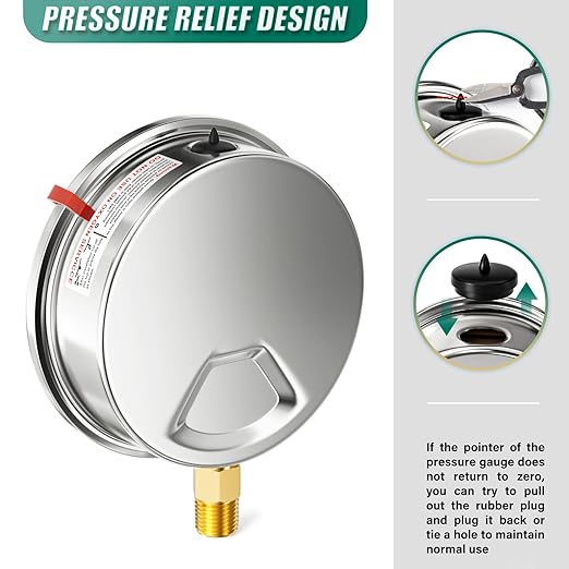 0-60PSI Stainless Steel Liquid Filled Pressure Gauge, 4" Dial Size, 1/4" NPT Lower Mount, for Tube, Water Pump, Gas, Liquid, Pressure Test (with Range Mark Pointer)