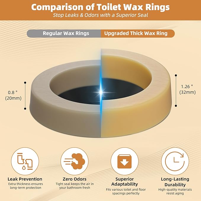 Hibbent 2 Pack Extra Thick Toilet Wax Ring, Universal Toilet Seal Ring, Heavy Duty Wax Bowl Ring Fits 3" and 4" Waste Line, Polyethylene Toilet Flange for Odor Blocking and Watertight Sealing