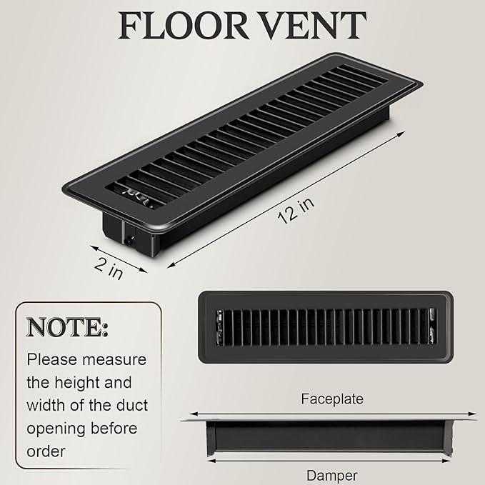 4 PCS Floor Vents Floor Registers 2x12 inch, Heavy Duty Metal Heat Air Vent Covers 2 X 12 with Rust Proof Finish for Home Office Wall Floor Registers Grilles & Vents (4, Black, 2x12 Inches)