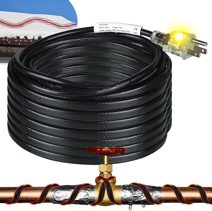 Kingdder 6FT - 48FT Heat Tape for Water Pipes Thermostat Self Regulating Heating Cable with Power Indicator Plug Built-in, Heavy Duty Heating Cable for Pipe Freeze Protection, 120V 8W/ft(1 Pcs,6 Ft)