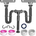 Flexible Expandable Double P-Trap Kit for 1 1/2" or 1 1/4" Double Bowl Sink Drain, Tube Pipes Kit Fit for Kitchen, Bathroom, Complete with Sealing Ring, Tape, and Tubing