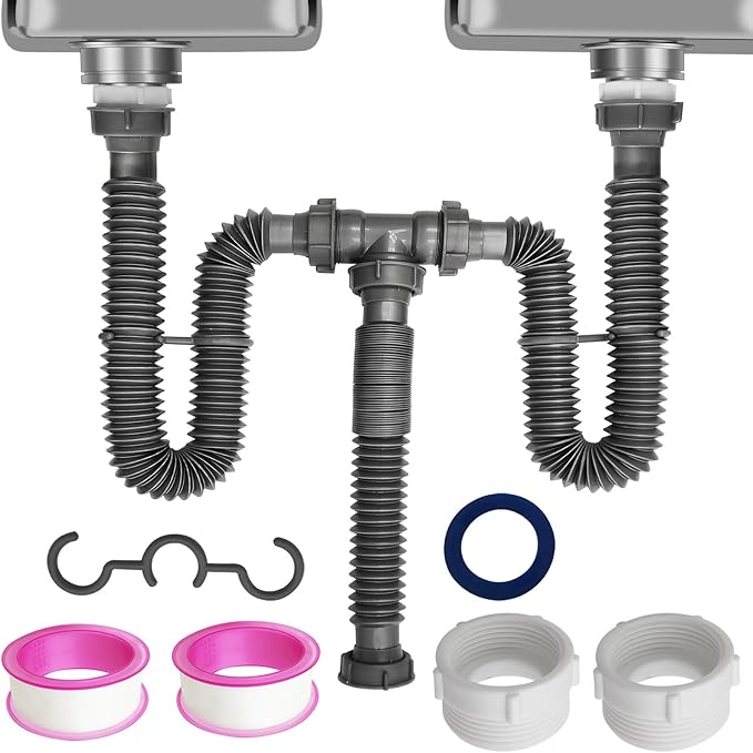 Flexible Expandable Double P-Trap Kit for 1 1/2" or 1 1/4" Double Bowl Sink Drain, Tube Pipes Kit Fit for Kitchen, Bathroom, Complete with Sealing Ring, Tape, and Tubing