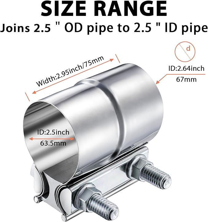 2.5 Inch Lap Joint Exhaust Clamp, 2 1/2 Inch 304 Stainless Steel Muffler Clamp, Pipe Clamps Sleeve Coupler for Pipes, Mufflers and Catalytic Converters