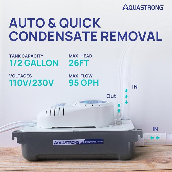 Aquastrong 1/30 HP 95 GPH HVAC Condensate Pump, 115V/230V, AC Condensation Remove Pump with Automatic Safety Switch & 19.7ft Tubing for Air Conditioner, Furnace, Dehumidifier,Ice Maker,Water Drain