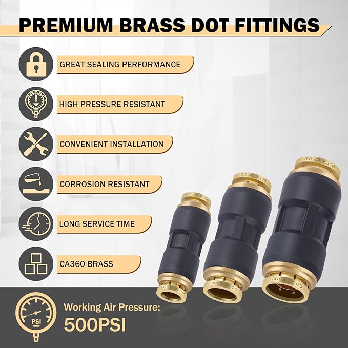 CheeMuii 30 PCS DOT Air Line Fittings 1/4" 3/8" 1/2" DOT Push Lock Air Fittings Brass and Plastic Straight Unions Quick Connect Air Hose Fittings Repair Kit