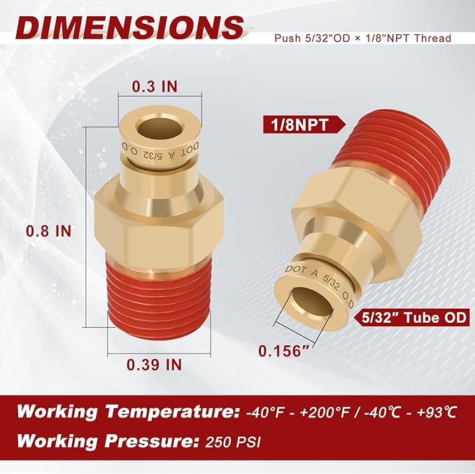 5/32" Quick Push to Connect Fittings Brass Union Straight Joint DOT Approved 5/32" Tube OD x 1/8" NPT Thread Air Line Adapter Air Suspension Kit for Truck Trailers and Air Brake System 4pcs