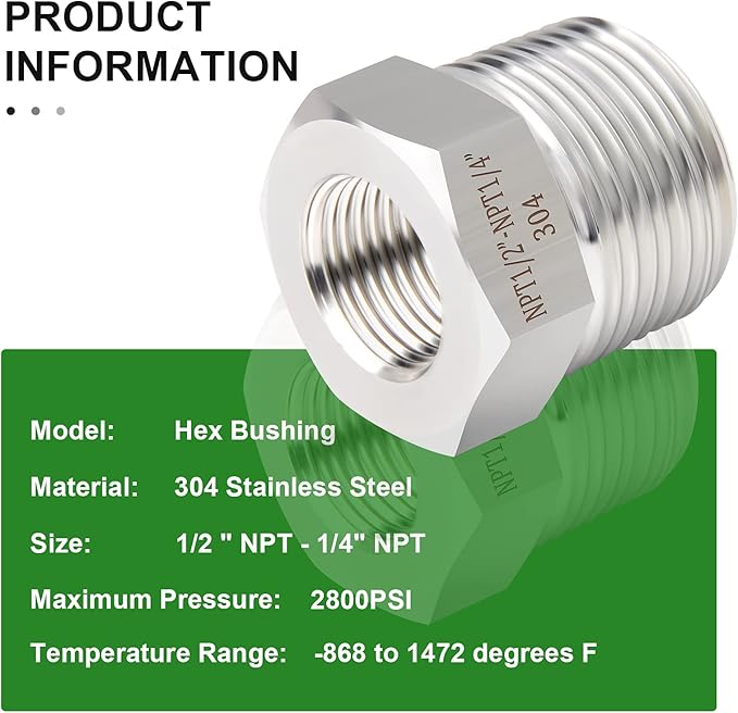 TAISHER 5PCS Forging of 304 Stainless Steel Reducer Hex Bushing, 1/2" Male NPT to 1/4" Female NPT, Reducing Forging Pipe Adapter Fitting