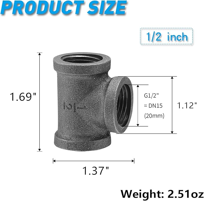 1/2" Pipe Fitting Tee, 30 Pack DN15 Threaded Cast Malleable Iron Tee for Steampunk Vintage Shelf Bracket DIY Plumbing Pipe Decor Furniture (30, 1/2")