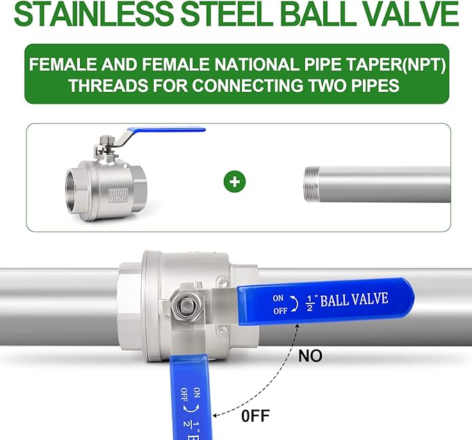TAISHER 1 PCS 1/2 Inch FNPT Heavy Duty Full Porat Ball Valve 304 Stainless Steel with Blue Handles