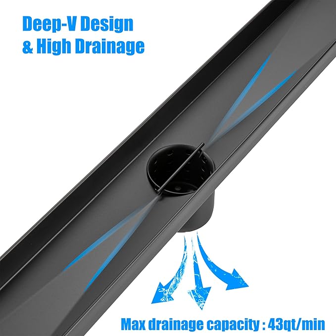 24 inch Linear Shower Drain with Removable Square Hole Panel by Using 304 Stainless Steel Process, Linear Drain Equipped with Adjustable Feet and Hair Strainer（Matte Black Color）