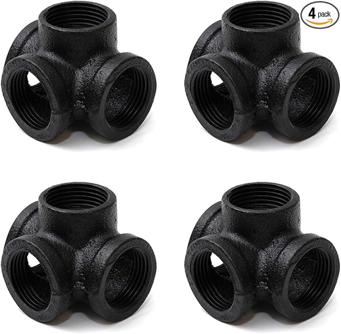 1" Black 4-Way Side Outlet Tee, Home TZH 4-Pack 4-Way Corner Cast Black Malleable Iron Pipe Fitting for Industrial Pipe, Furniture and DIY Decoration (4, Black 1 Inch)