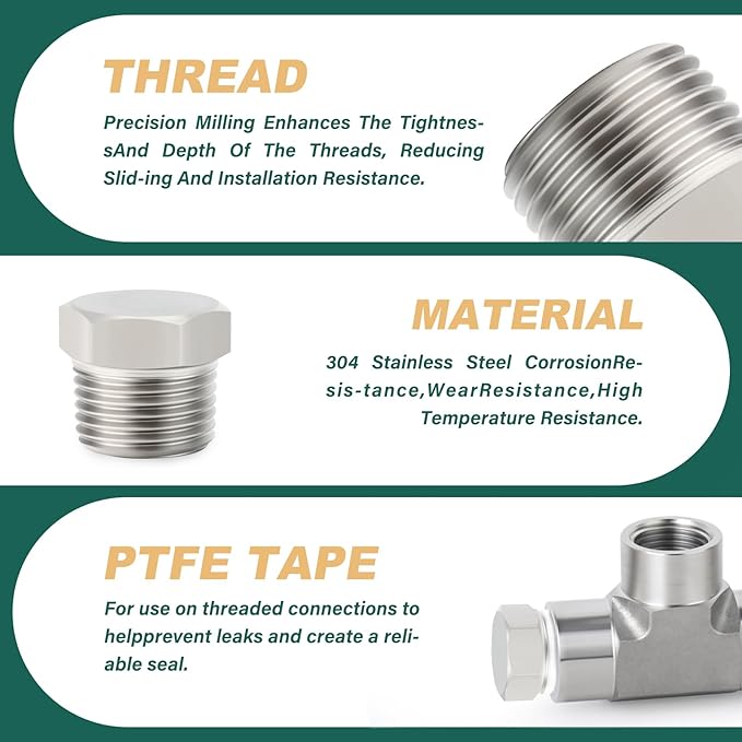 5PCS Stainless Steel Outer Hex Thread Socket Pipe Plug Fitting, 1/2" NPT Male, for Blocking or Sealing Holes in Pipes or Devices
