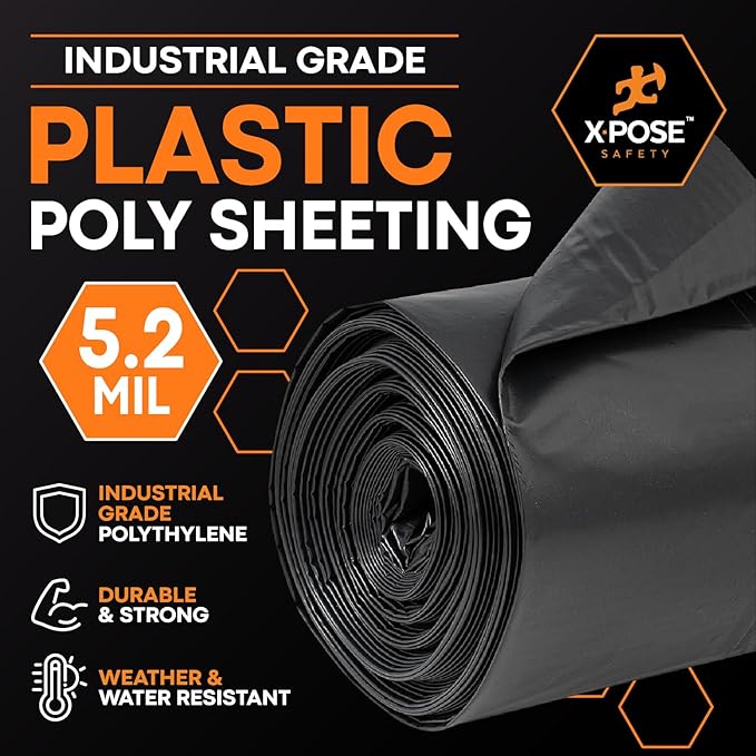 Xpose Safety Black Plastic Sheeting (Bulk Half Pallet 25 Pack) – 20' x 100' Rolls – Heavy Duty 5.2 Mil Poly Sheet – Waterproof, Dustproof, Vapor Barrier – for Construction, Painting, Industrial Use