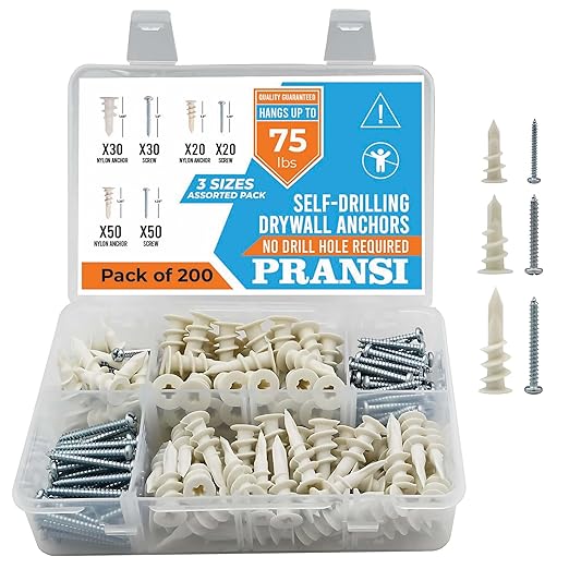 Drywall Anchors and Screws Kit – 200pcs- 3 Sizes Self Drilling Anchors – No Pre-Drill Required – Heavy Duty Wall Anchors for Drywall – Holds Up to 75lbs, 13x32mm,15x33mm,13x42mm