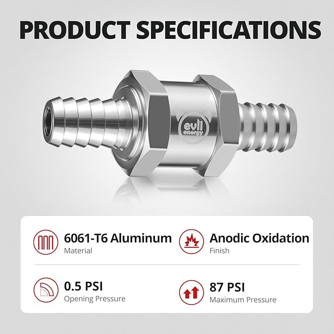 EVIL ENERGY 3/8" (10mm) Check Valve, 3 Pcs Aluminum One Way Fuel Check Valve for Gasoline, Diesel & Coolant with Universal Hose Clamps, Silver