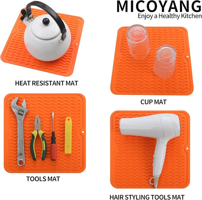 Silicone Dish Drying Mat for Multiple Usage,Easy clean,Eco-friendly,Heat-resistant Silicone Mat for Kitchen Counter or Sink,Refrigerator or Drawer liner Orange M 12 inches x 12 inches