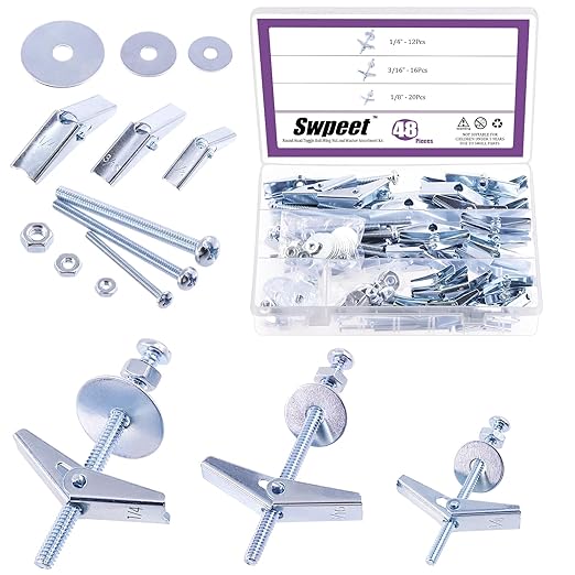 Swpeet 192Pcs-48 Set Toggle Bolts and Wing Nut Kit with Hex Nuts, Washers, Toggle Bolt Assortment Kit, Butterfly Toggle Anchors for Hanging Heavy Items on Drywall - 1/8 Inch, 3/16 Inch, 1/4 Inch