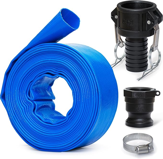 Cleartide Pool Backwash Drain Hose with Camlock Fittings, 1-1/2" x 25ft Heavy Duty Reinforced Blue PVC Lay Flat Discharge Hose for Pump, Pool Drainage, Includes 125F Adapter & Stainless Steel Clamp