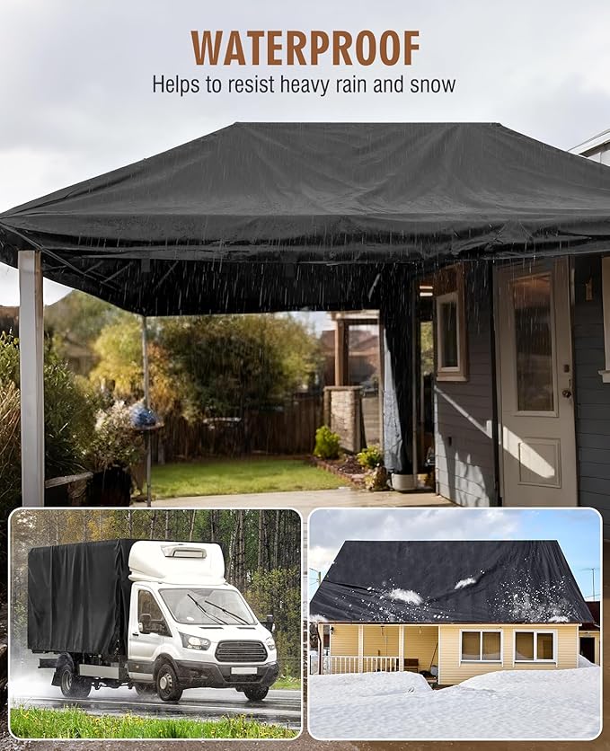 HIRALIY 20 Mil Heavy Duty Waterproof Tarp, 6.5x7ft Black Tarpaulin with Reinforced Webbing Loops, Multipurpose Oxford Fabric Tarp for Firewood, Roof, Camping, Pool