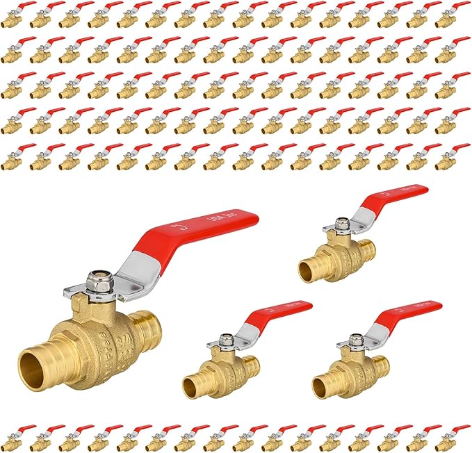 100-Pack Foskan 3/4 Inch PEX Crimp Full Port Ball Valve with Red Handle, Brass Quarter Turn Shut-off Valve for PEX Tubing