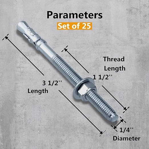 Party Animals 1/4 x 3-1/2 Inch Wedge Anchor, 25 PCs Zinc-Plated Industrial Anchor Bolts for Cement, Concrete