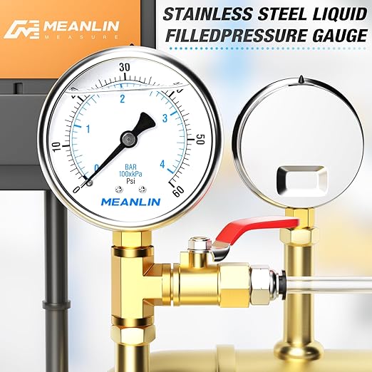 MEANLIN MEASURE 0~60Psi Stainless Steel 1/4" NPT 2.5" FACE DIAL Liquid Filled Pressure Gauge, Pool Sand Filter Pressure Test Lower Mount, with 1/2" NPT and 3/8" NPT Hex Bushing