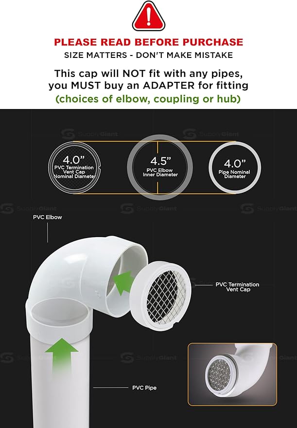 Raven R1510 PVC Termination Cap Mesh Screen Vent Cover, Furnace & Roof Vent Cap, Stainless Steel Wire Round Exhaust Pipe Cover End 4" Inner & 4.5" Outer Diameter