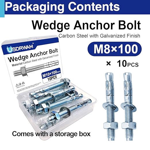 10Pcs 3/8" × 4" Concrete Anchor Bolts, Zinc Plated Carbon Steel Wedge Anchors for Cement, Brick, and Masonry