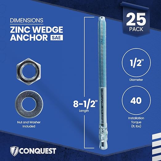 Conquest Zinc Plated Carbon Steel Concrete Wedge Anchors 1/2" x 8 1/2" - Heavy Duty Anchor Bolts for Interior Dry Environments and General Purpose Use (25 Pack)