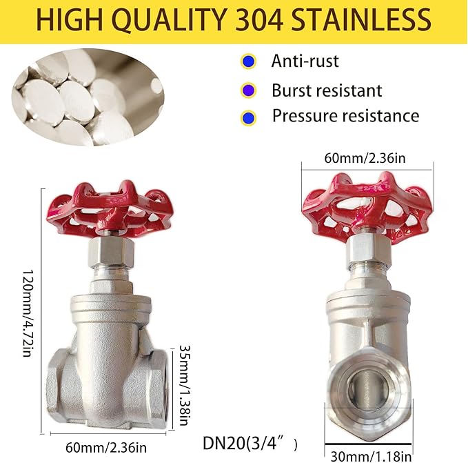 304 Stainless Steel Gate Valve,3/4" NPT Stainless Steel Female Threaded Rotary globe valve for water flow switches, fuel water vapor, air switches, for sump pumps and air compressors DN20